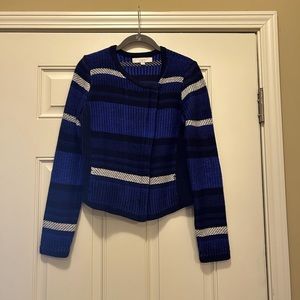 Loft Black, Blue, and White Off Center Zip Front Sweater
